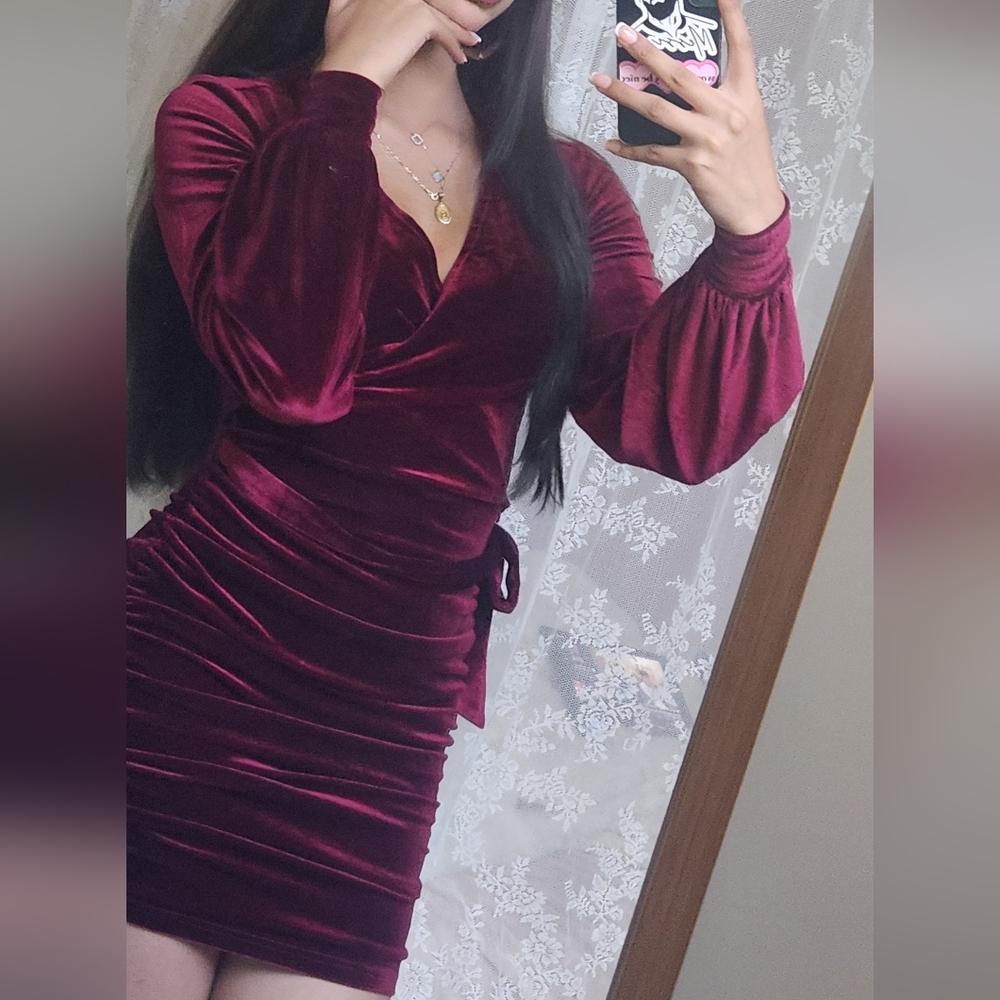 Elegant Burgundy Velvet Wrap Dress